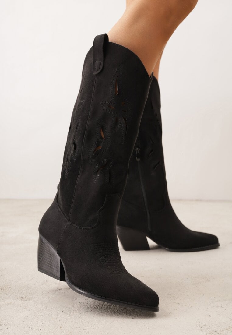 Czarne Ażurowe Kozaki Kowbojki na Obcasie typu Stożek Tidrina