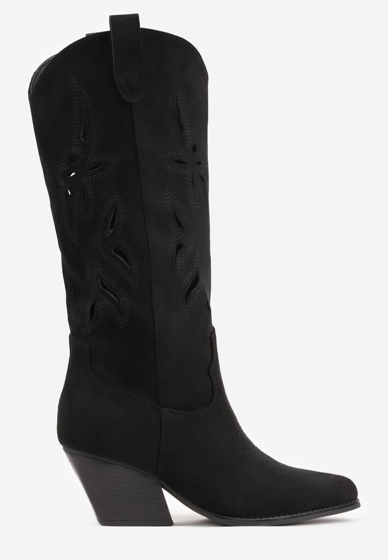 Czarne Ażurowe Kozaki Kowbojki na Obcasie typu Stożek Tidrina