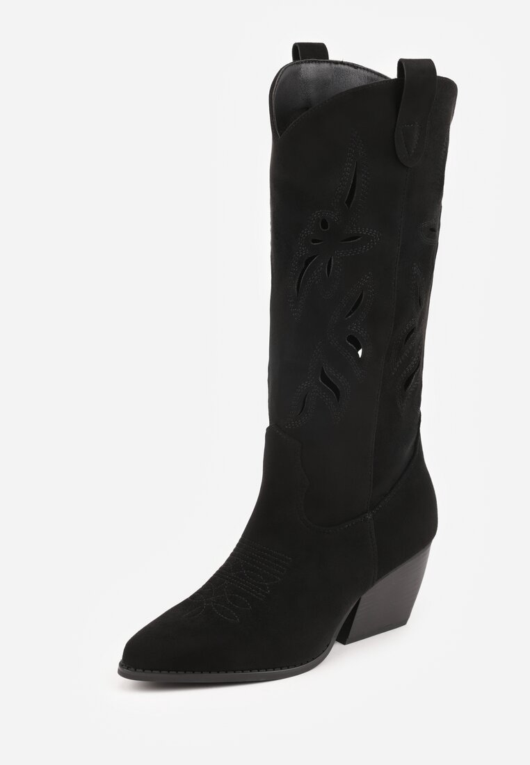 Czarne Ażurowe Kozaki Kowbojki na Obcasie typu Stożek Tidrina