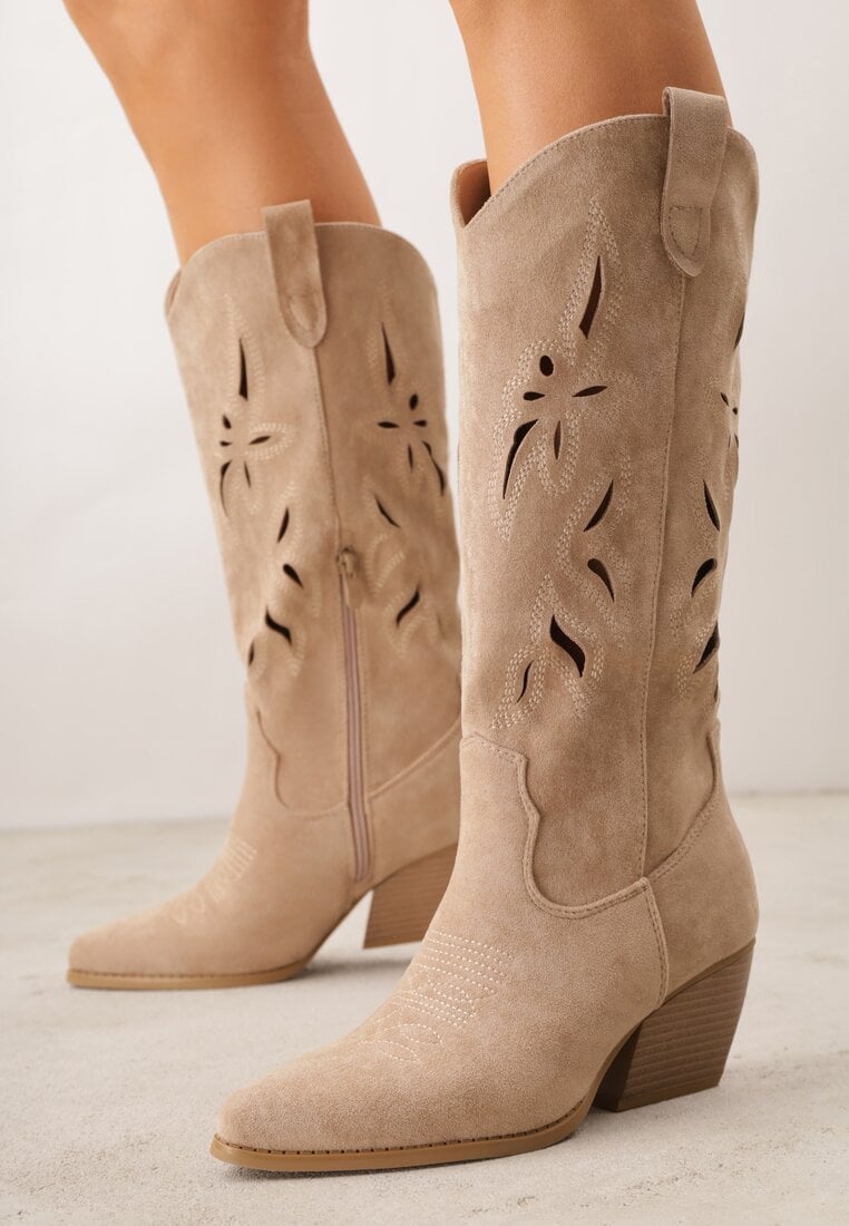 Ciemnobeżowe Ażurowe Kozaki Kowbojki na Obcasie typu Stożek Tidrina