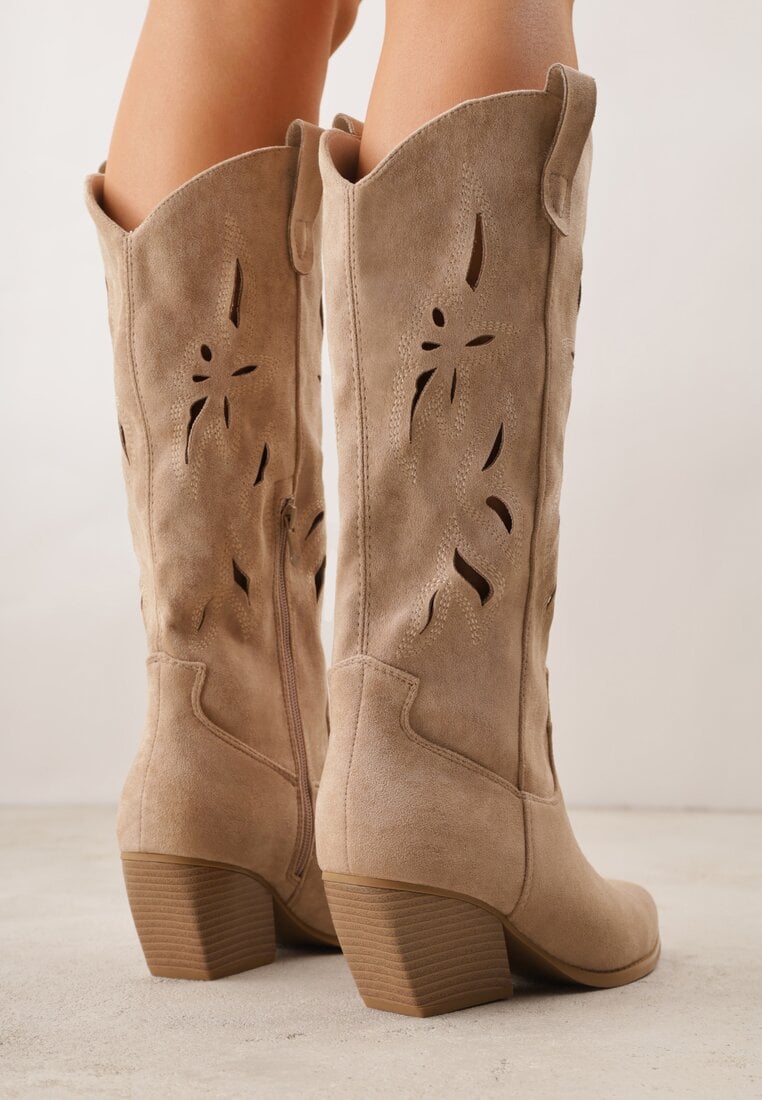 Ciemnobeżowe Ażurowe Kozaki Kowbojki na Obcasie typu Stożek Tidrina