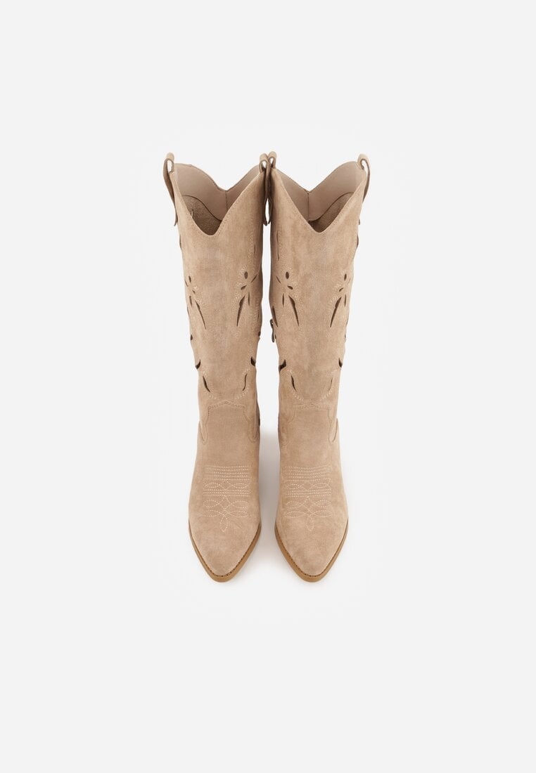 Ciemnobeżowe Ażurowe Kozaki Kowbojki na Obcasie typu Stożek Tidrina