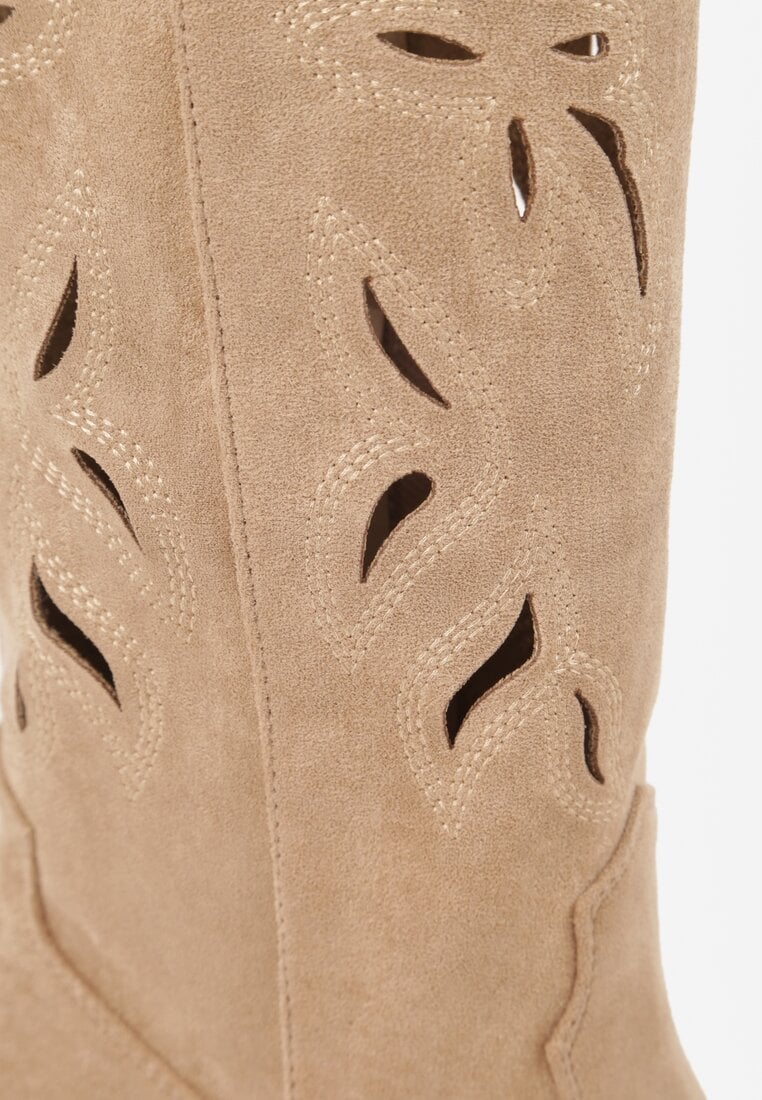 Ciemnobeżowe Ażurowe Kozaki Kowbojki na Obcasie typu Stożek Tidrina