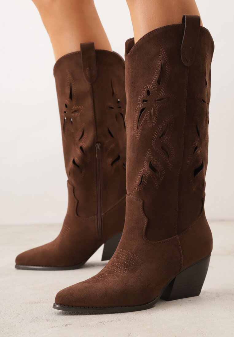 Brązowe Ażurowe Kozaki Kowbojki na Obcasie typu Stożek Tidrina