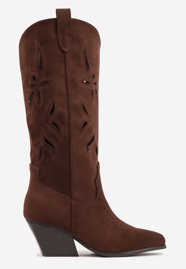 Brązowe Ażurowe Kozaki Kowbojki na Obcasie typu Stożek Tidrina