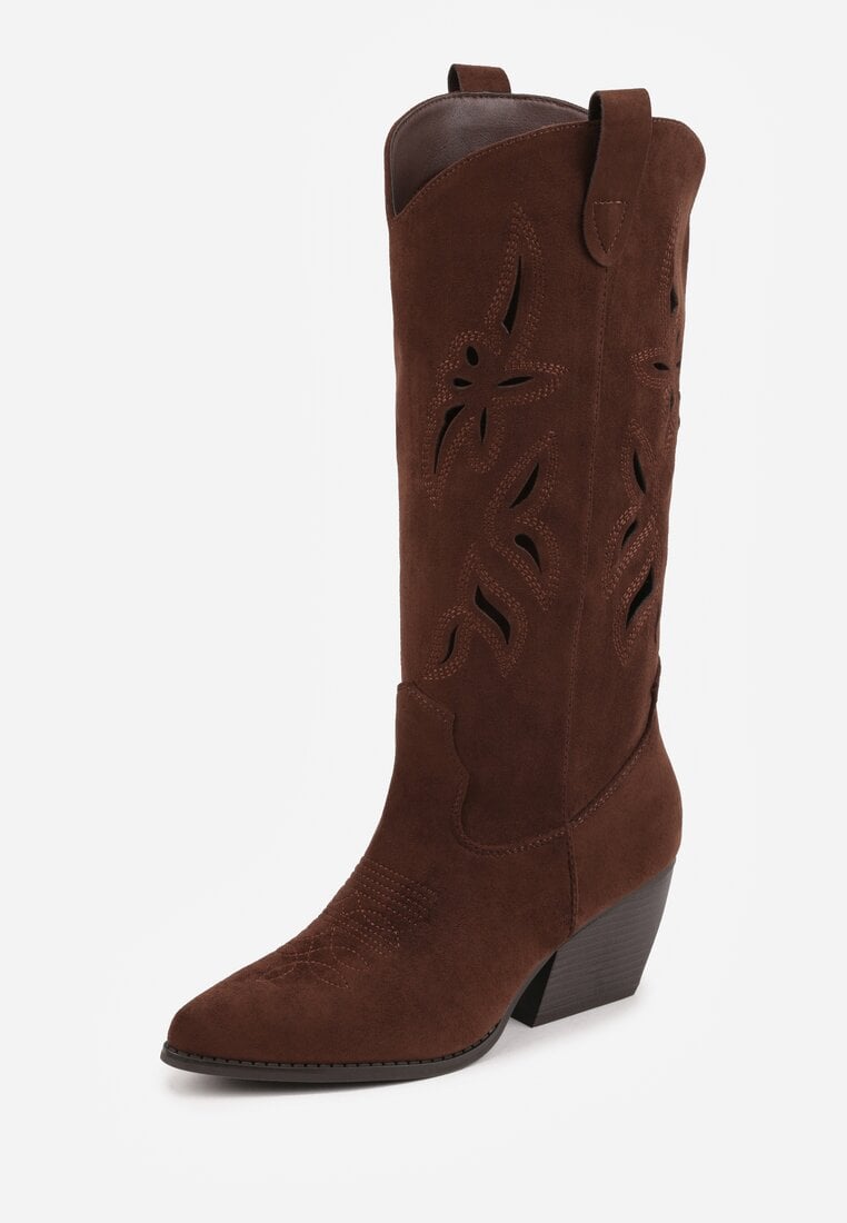 Brązowe Ażurowe Kozaki Kowbojki na Obcasie typu Stożek Tidrina