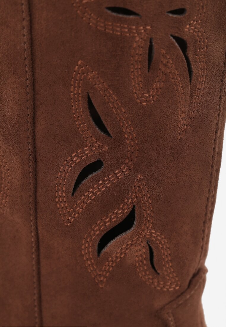 Brązowe Ażurowe Kozaki Kowbojki na Obcasie typu Stożek Tidrina