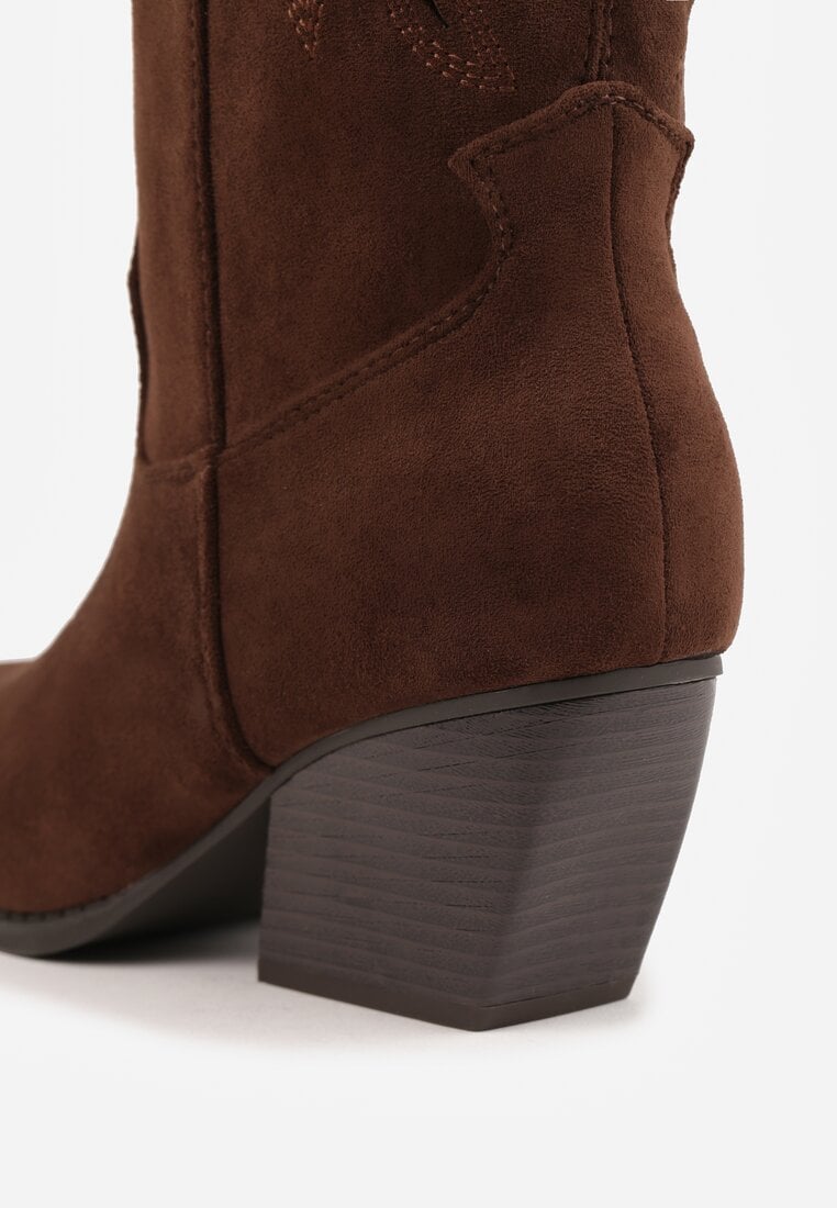 Brązowe Ażurowe Kozaki Kowbojki na Obcasie typu Stożek Tidrina