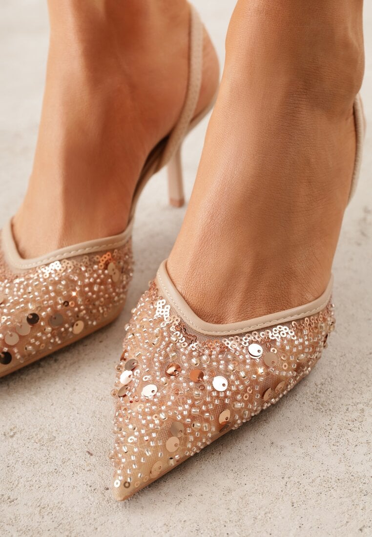Beżowe Szpilki Slingback Ozdobione Cekinami Vikiraie