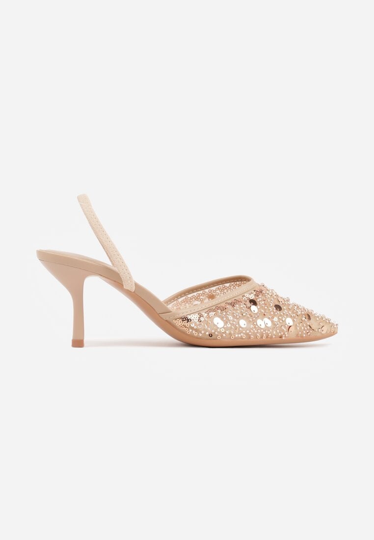 Beżowe Szpilki Slingback Ozdobione Cekinami Vikiraie