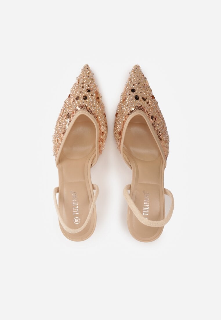 Beżowe Szpilki Slingback Ozdobione Cekinami Vikiraie