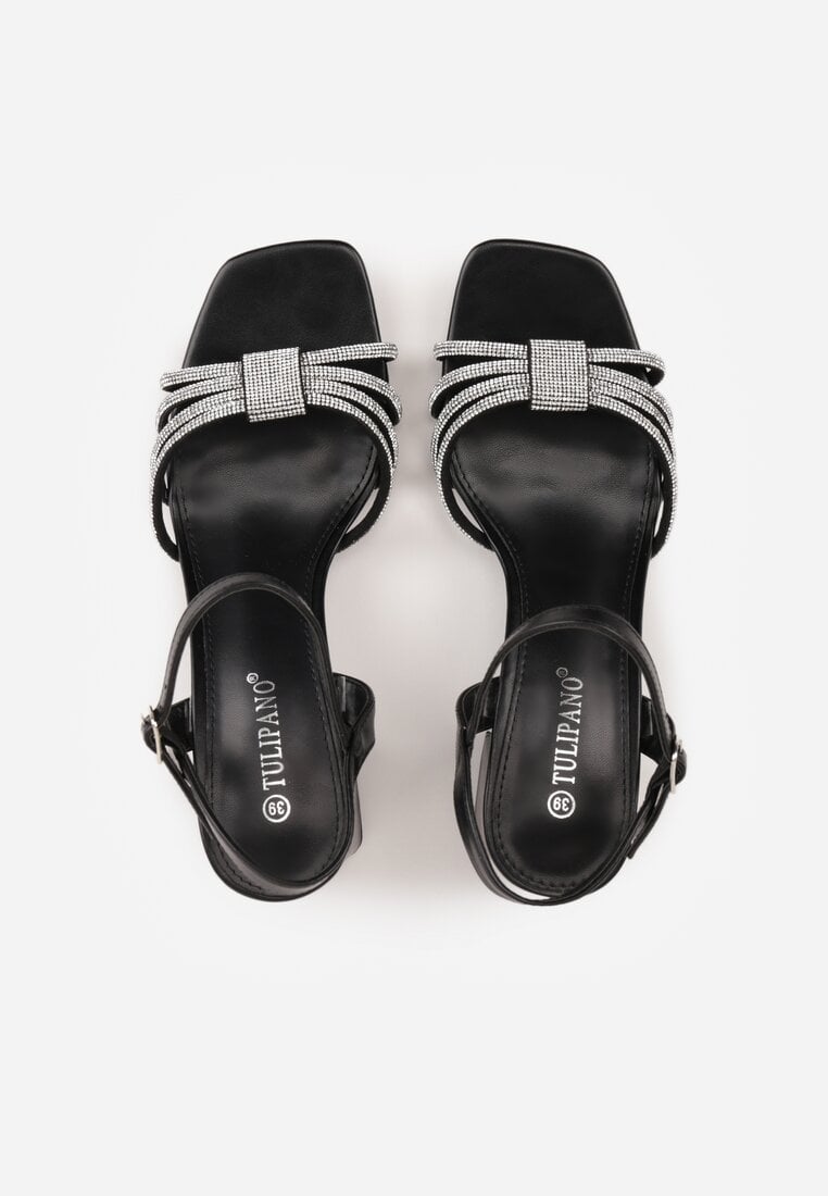 Czarne Sandały Ozdobione Paskami z Cyrkoniami i Kwadratowym Obcasie Zitalia