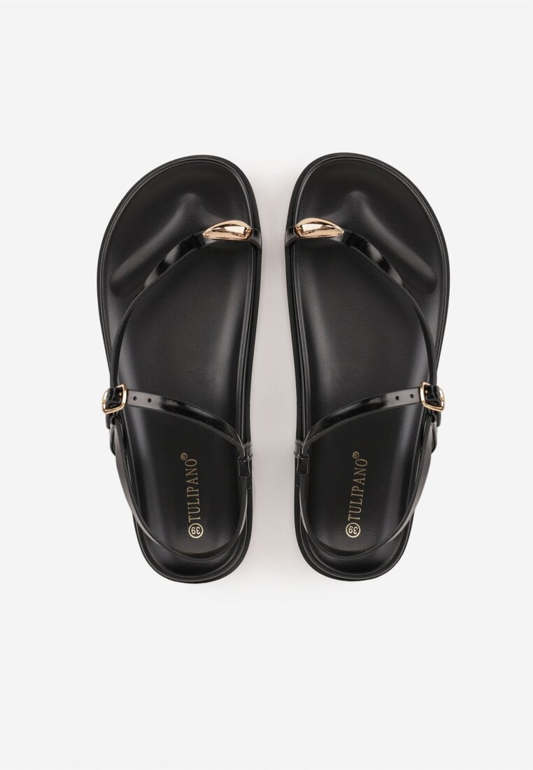 Czarne Sandały Japonki na Palec na Platformie z Metaliczną Ozdobą Rinevia