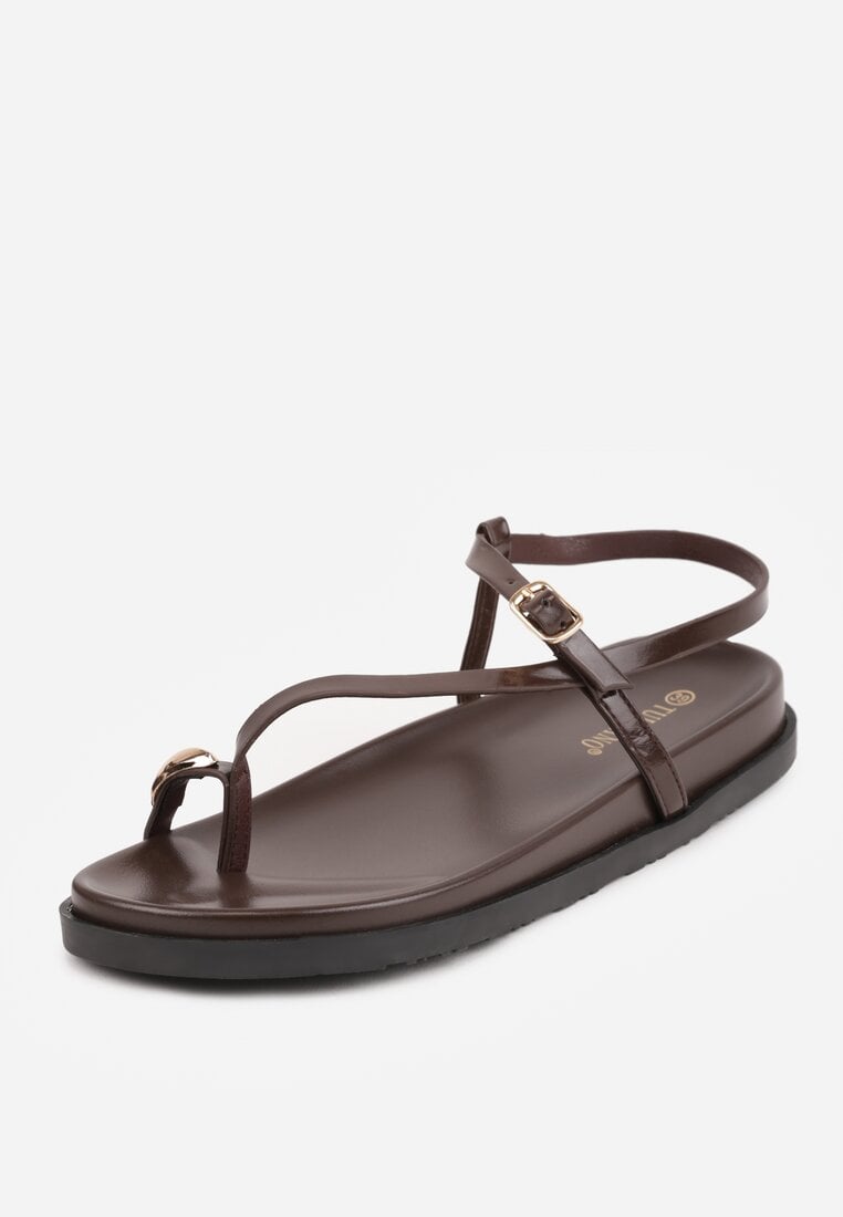 Brązowe Sandały Japonki na Palec na Platformie z Metaliczną Ozdobą Rinevia