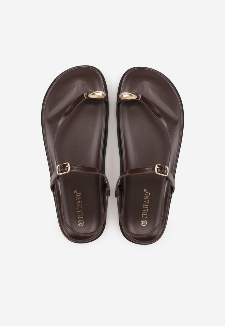 Brązowe Sandały Japonki na Palec na Platformie z Metaliczną Ozdobą Rinevia