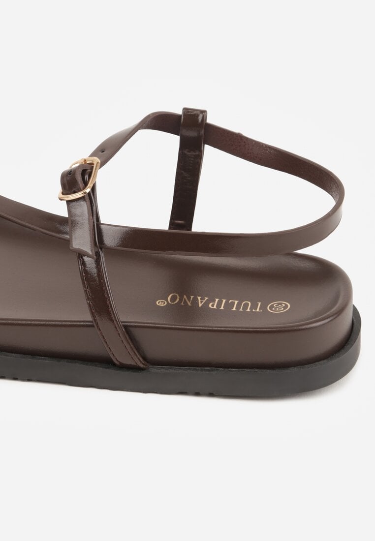 Brązowe Sandały Japonki na Palec na Platformie z Metaliczną Ozdobą Rinevia