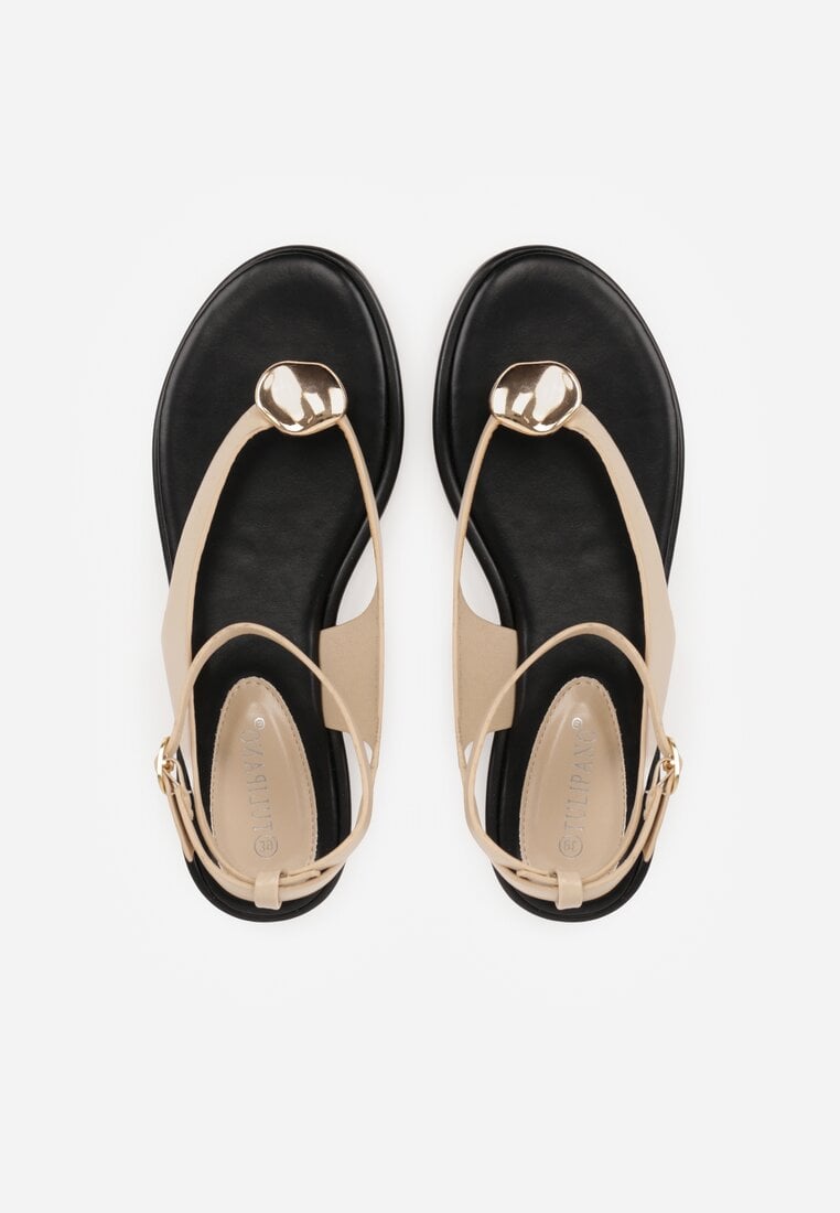 Beżowe Sandały Japonki z Metaliczną Ozdobą Vikisima