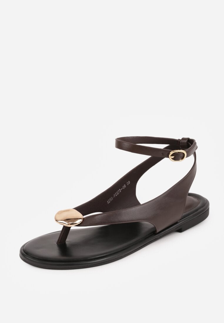 Brązowe Sandały Japonki z Metaliczną Ozdobą Vikisima