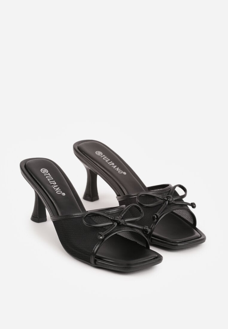 Czarne Klapki na Szpilce z Siateczkową Cholewką i Kokardą Brefia