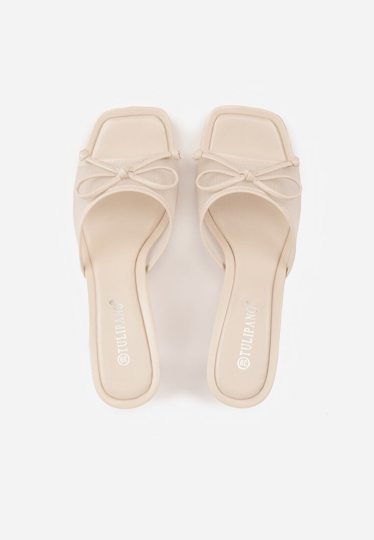 Beżowe Klapki na Szpilce z Siateczkową Cholewką i Kokardą Brefia