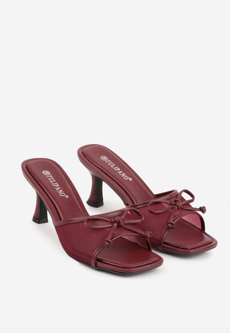 Bordowo-Czerwone Klapki na Szpilce z Siateczkową Cholewką i Kokardą Brefia