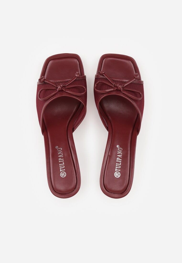 Bordowo-Czerwone Klapki na Szpilce z Siateczkową Cholewką i Kokardą Brefia