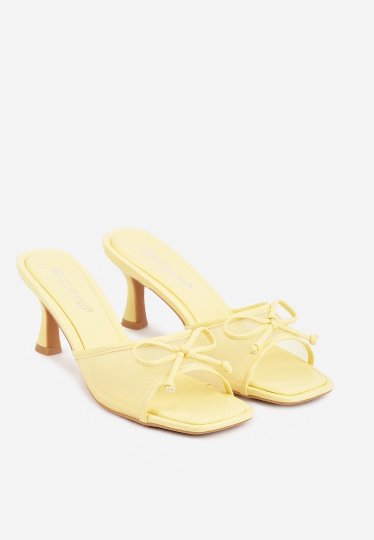 Żółte Klapki na Szpilce z Siateczkową Cholewką i Kokardą Brefia