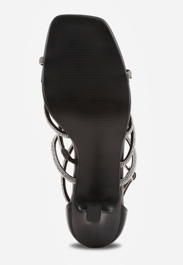 Czarne Sandały na Szpilce z Kwadratowym Noskiem i Cyrkoniowymi Paskami Zeviana