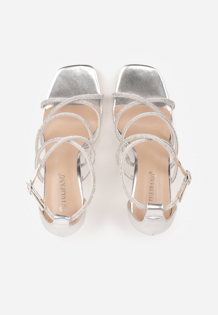 Srebrne Sandały na Szpilce z Kwadratowym Noskiem i Cyrkoniowymi Paskami Zeviana
