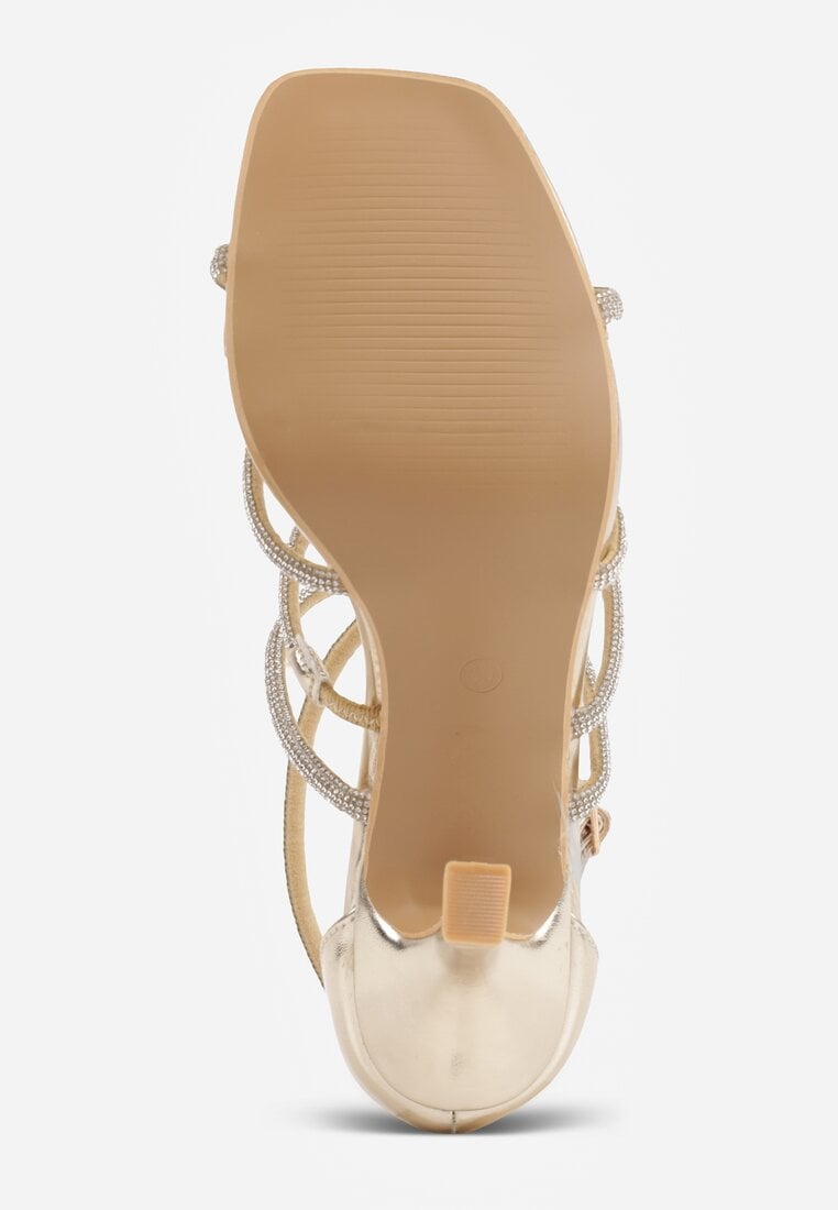 Złote Sandały na Szpilce z Kwadratowym Noskiem i Cyrkoniowymi Paskami Zeviana