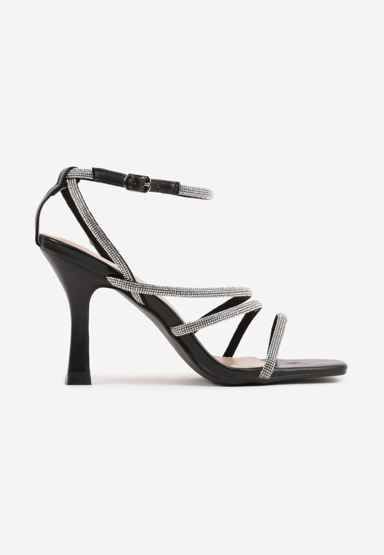 Czarne Sandały na Szpilce z Paskami z Cyrkonii Miefia