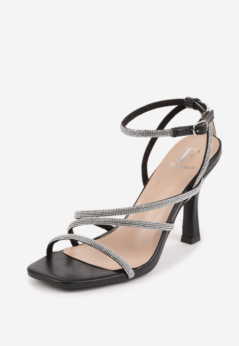 Czarne Sandały na Szpilce z Paskami z Cyrkonii Miefia