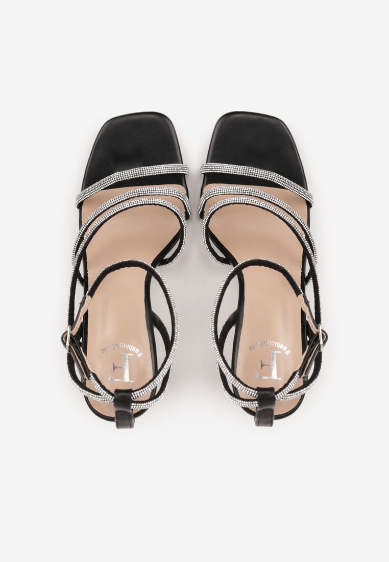 Czarne Sandały na Szpilce z Paskami z Cyrkonii Miefia