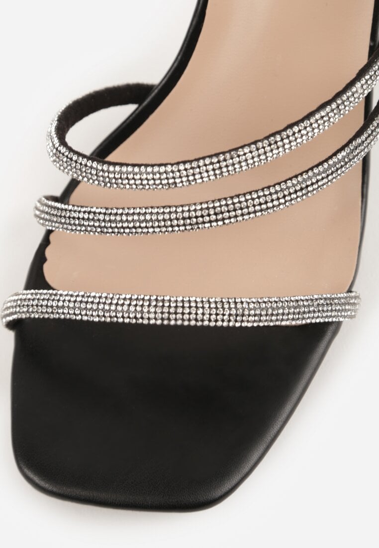 Czarne Sandały na Szpilce z Paskami z Cyrkonii Miefia