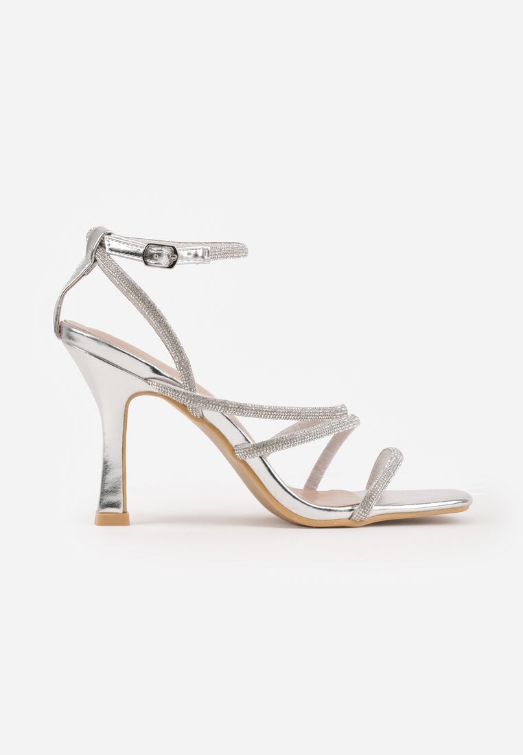 Srebrne Sandały na Szpilce z Paskami z Cyrkonii Miefia