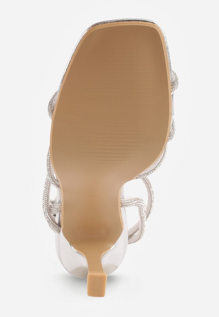 Srebrne Sandały na Szpilce z Paskami z Cyrkonii Miefia