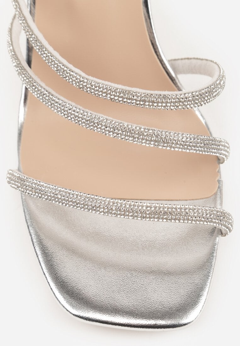 Srebrne Sandały na Szpilce z Paskami z Cyrkonii Miefia