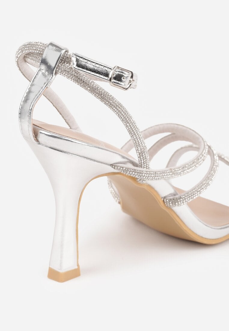 Srebrne Sandały na Szpilce z Paskami z Cyrkonii Miefia