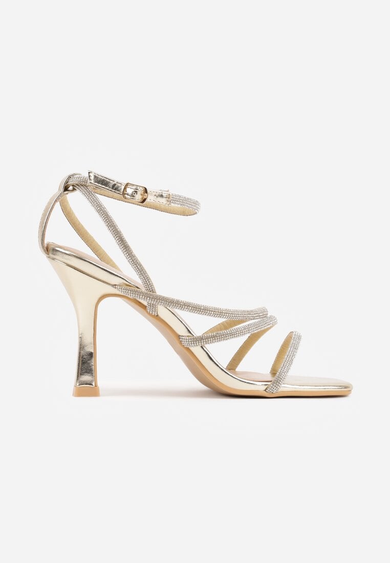 Złote Sandały na Szpilce z Paskami z Cyrkonii Miefia