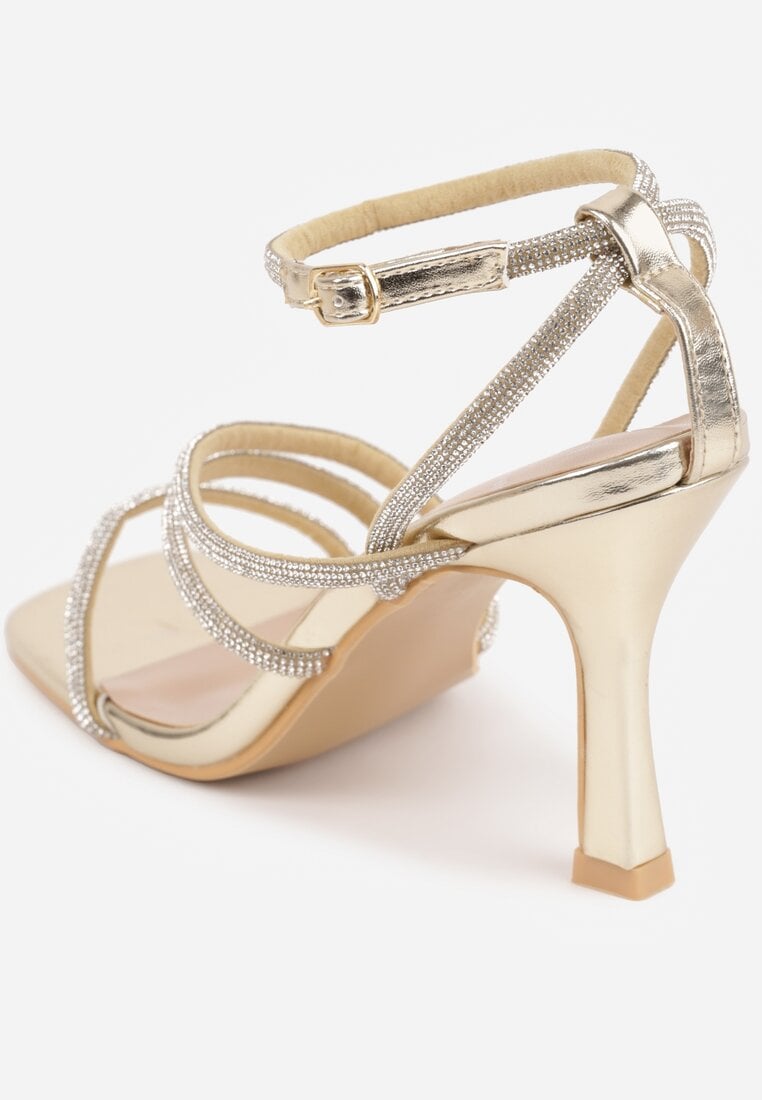 Złote Sandały na Szpilce z Paskami z Cyrkonii Miefia