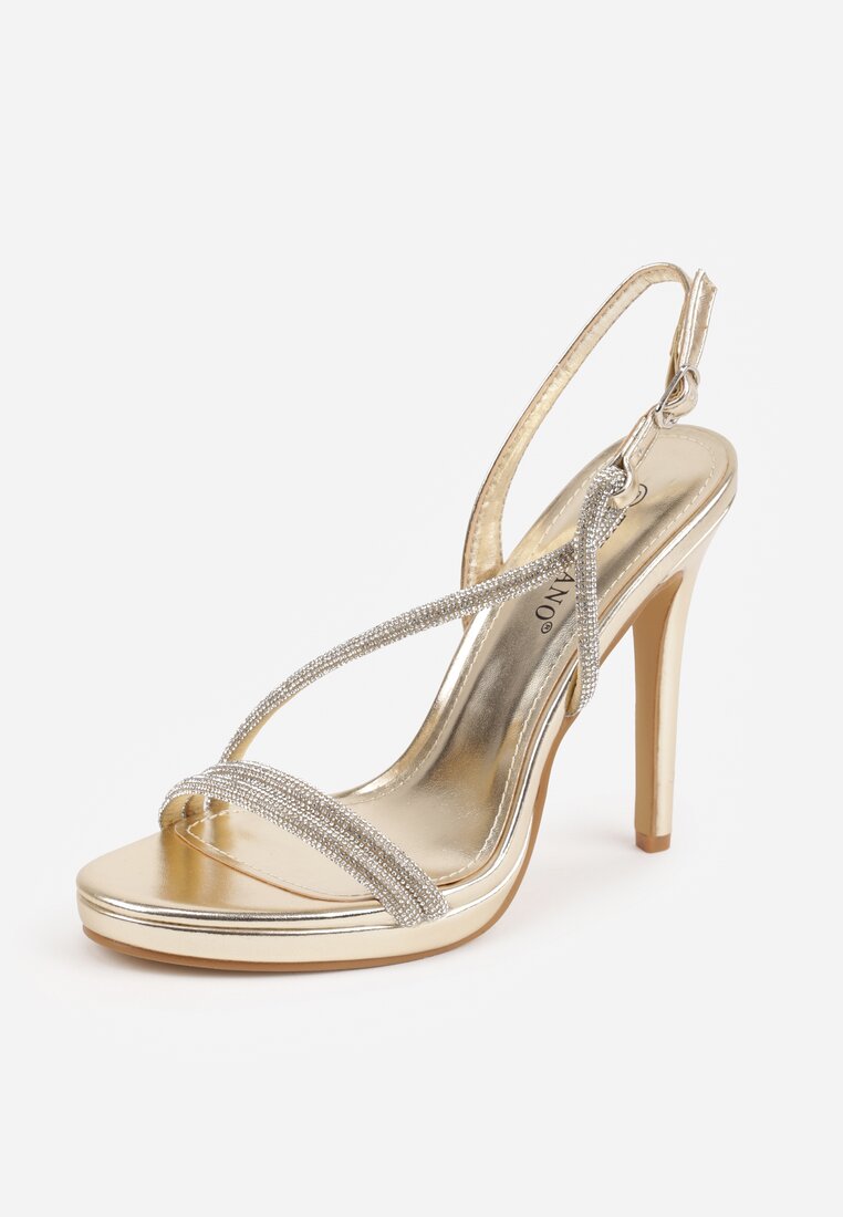 Złote Szpilki Sandały z Cyrkoniowymi i Transparentnymi Paskami Vikirissa