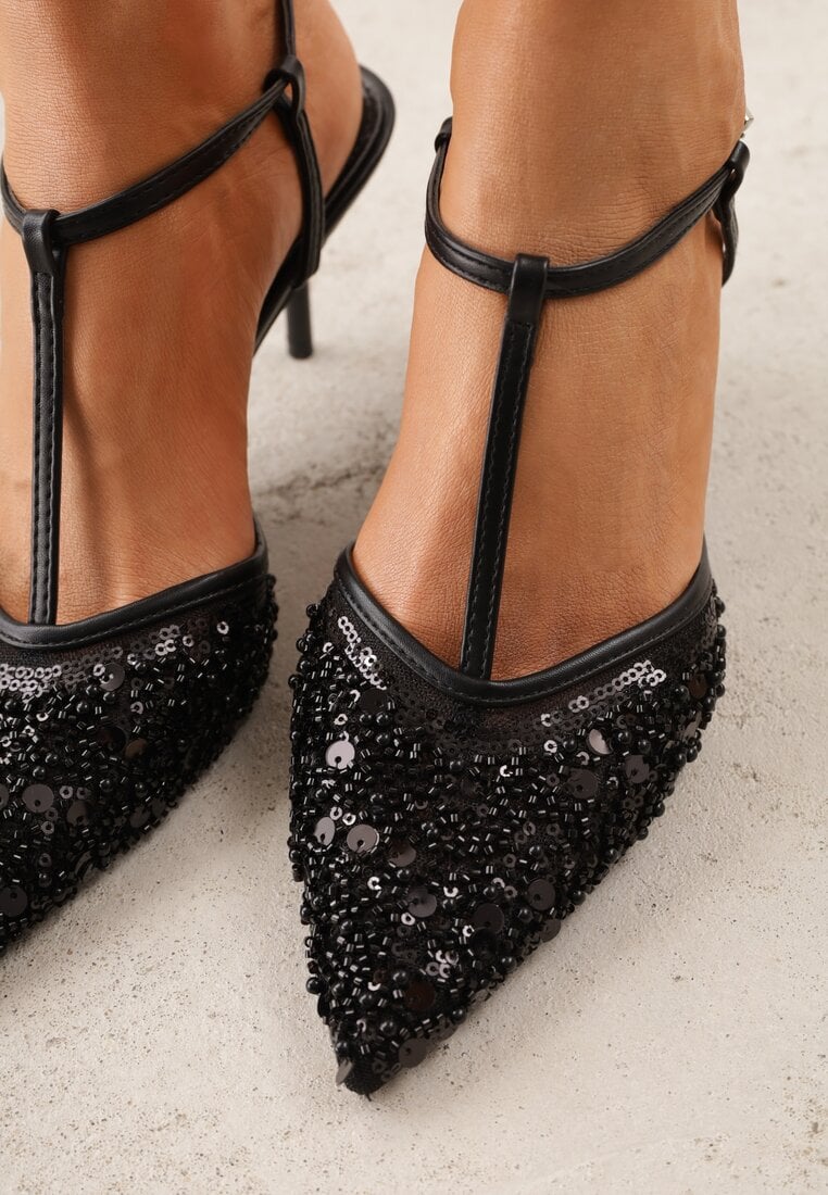 Czarne Eleganckie Szpilki na Szpilce z Siateczkowym Noskiem z Koralikami Riosira