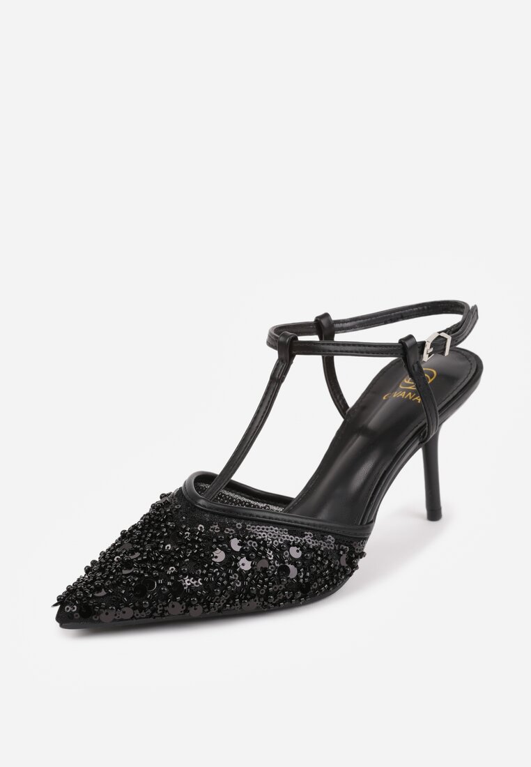 Czarne Eleganckie Szpilki na Szpilce z Siateczkowym Noskiem z Koralikami Riosira