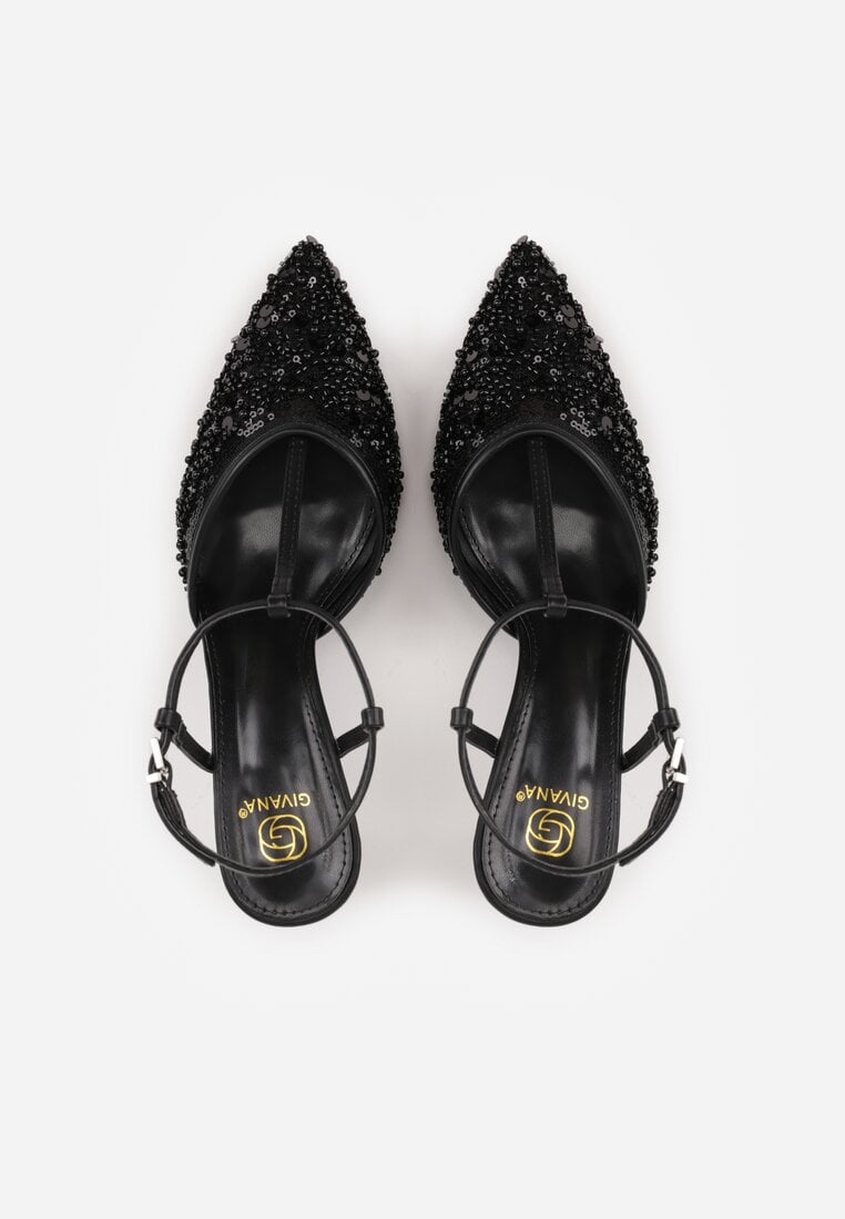 Czarne Eleganckie Szpilki na Szpilce z Siateczkowym Noskiem z Koralikami Riosira