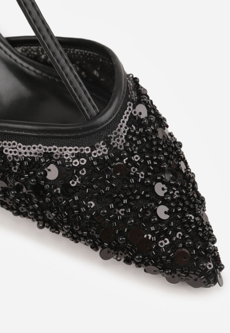 Czarne Eleganckie Szpilki na Szpilce z Siateczkowym Noskiem z Koralikami Riosira