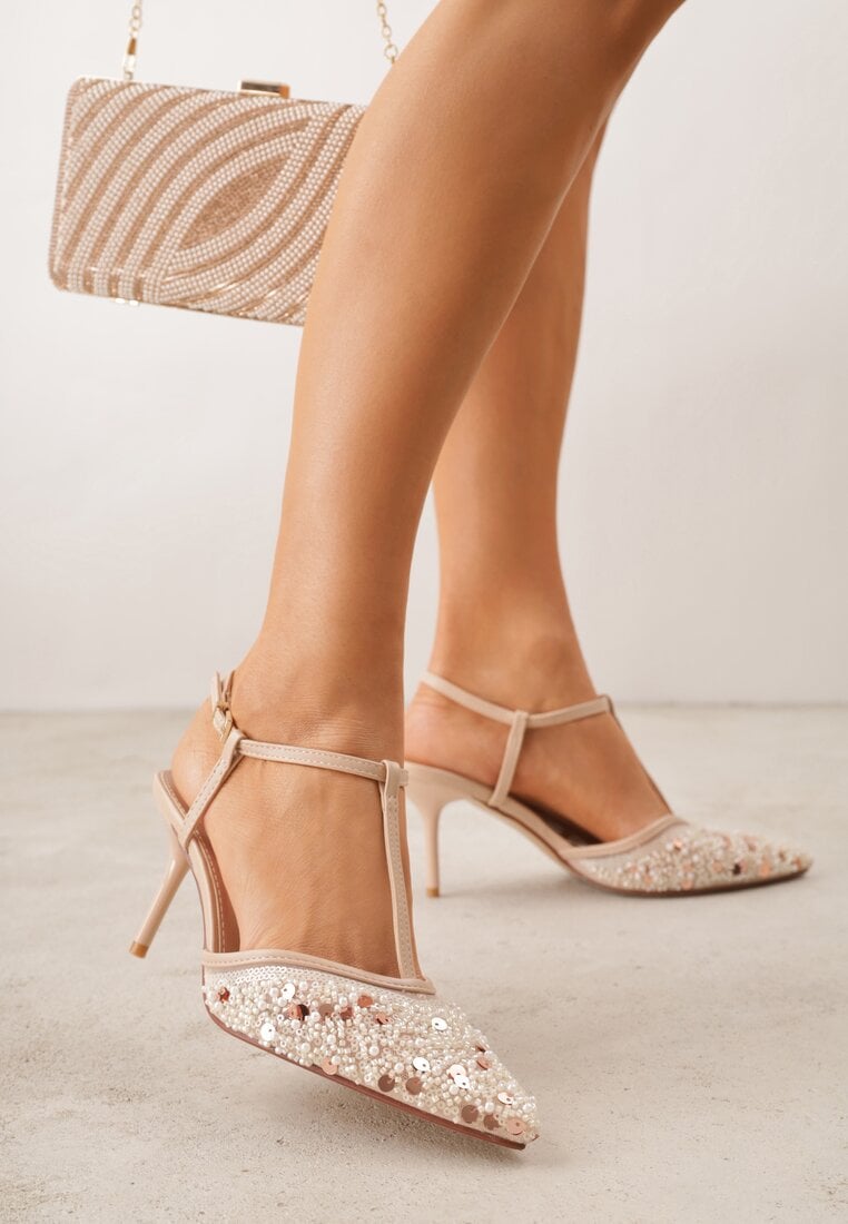 Beżowe Eleganckie Szpilki na Szpilce z Siateczkowym Noskiem z Koralikami Riosira