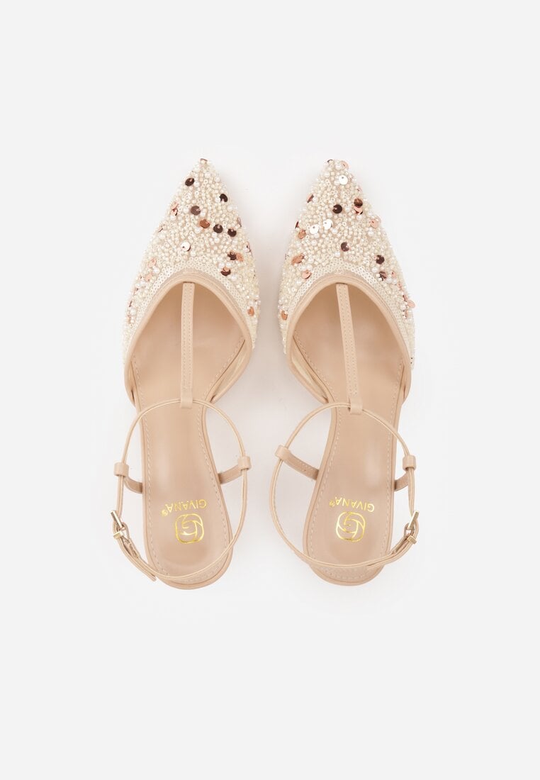 Beżowe Eleganckie Szpilki na Szpilce z Siateczkowym Noskiem z Koralikami Riosira