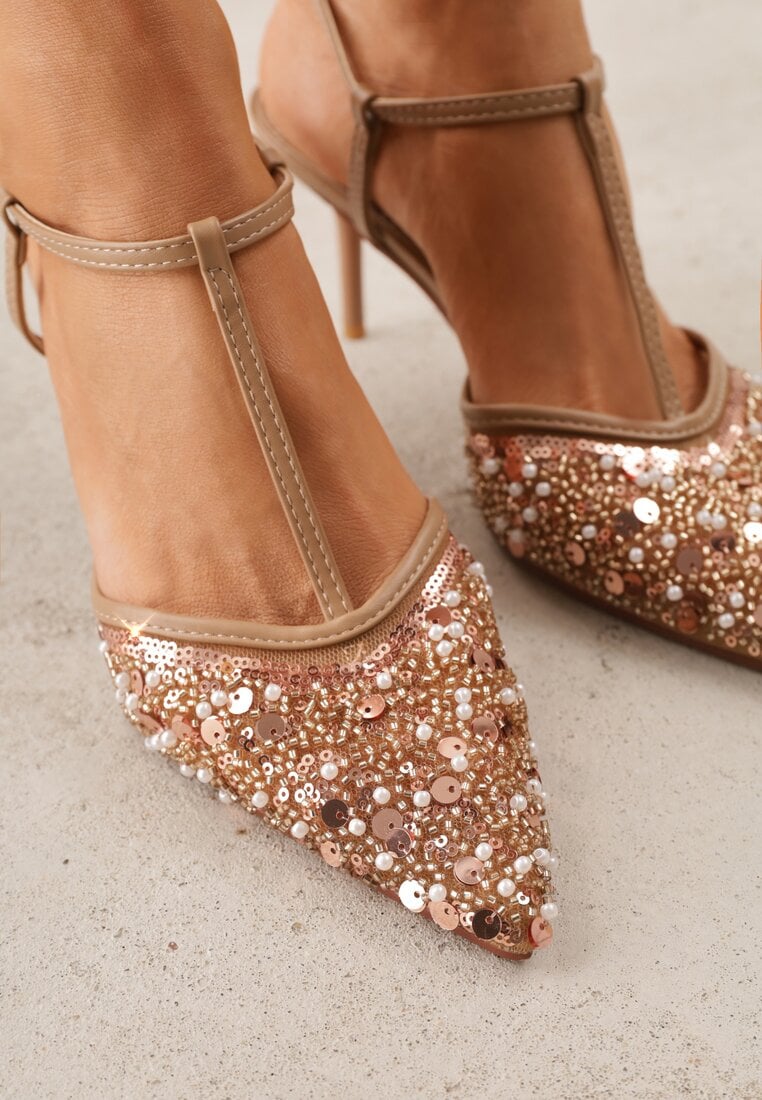 Ciemnobeżowe Eleganckie Szpilki na Szpilce z Siateczkowym Noskiem z Koralikami Riosira