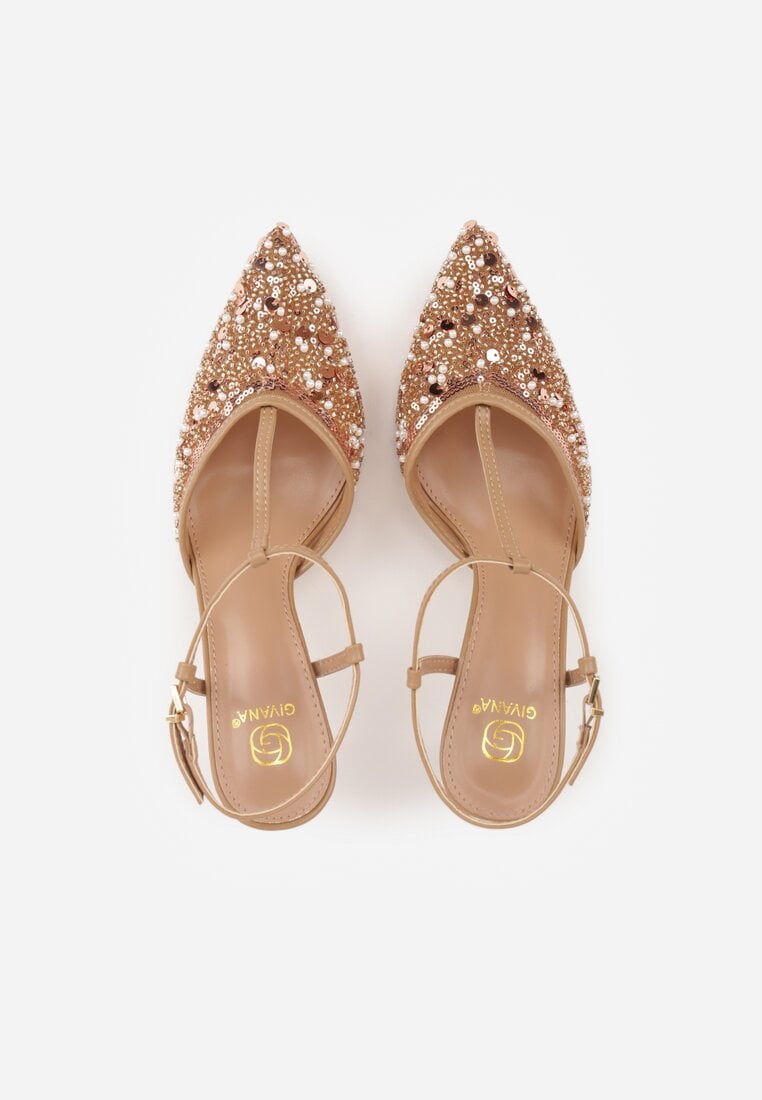 Ciemnobeżowe Eleganckie Szpilki na Szpilce z Siateczkowym Noskiem z Koralikami Riosira