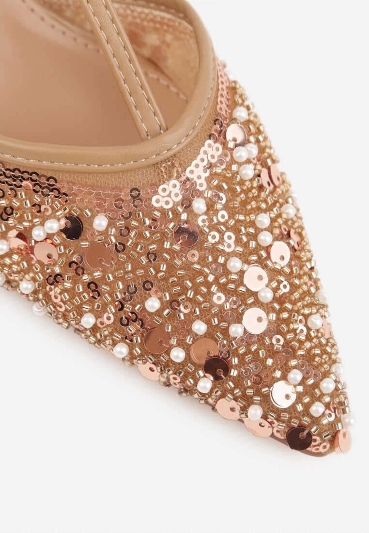 Ciemnobeżowe Eleganckie Szpilki na Szpilce z Siateczkowym Noskiem z Koralikami Riosira